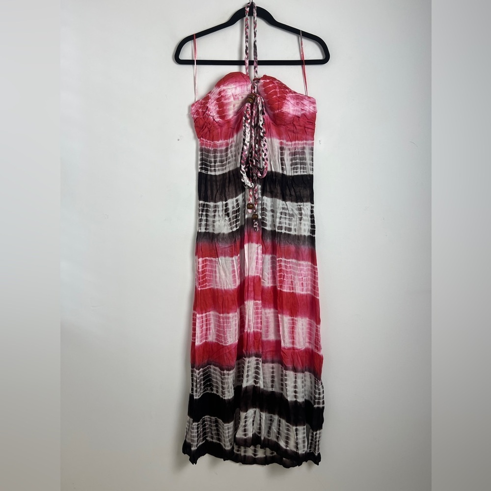 NEW Anthropologie Chaudry KC Large‎ Pink Black Tie-Dye Halter Maxi Dress